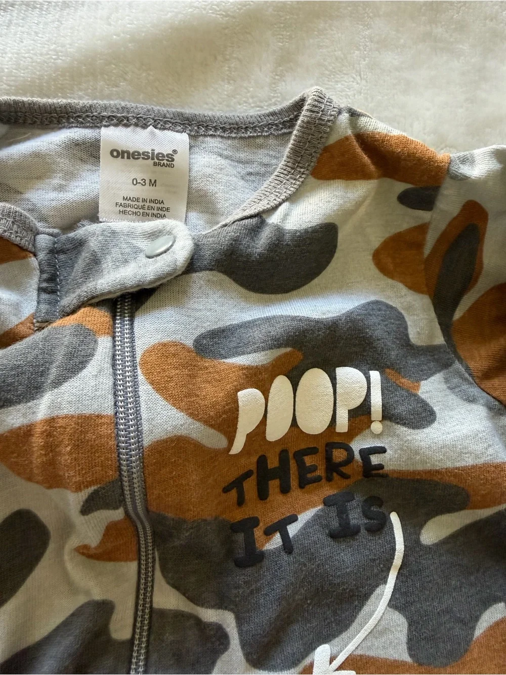3 Baby Onesies Cotton Footed Pajama Set - Blue Stripe, Cream Print, Camo 0/3 M